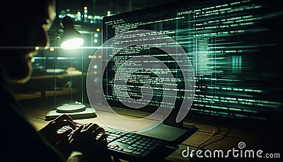 Programmer Working Late at Night with Computer Code Stock Photo