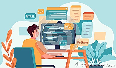Programmer working. Program or web developer coding on computer. Screen with code, script and open windows. Coder Vector Illustration