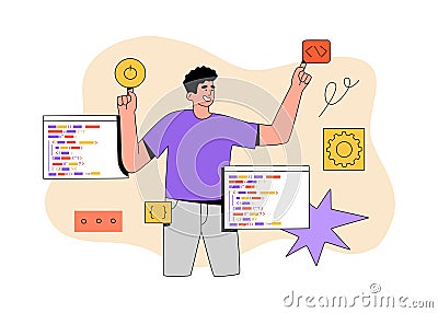 Programmer working on web development on virtual computer screen Vector Illustration