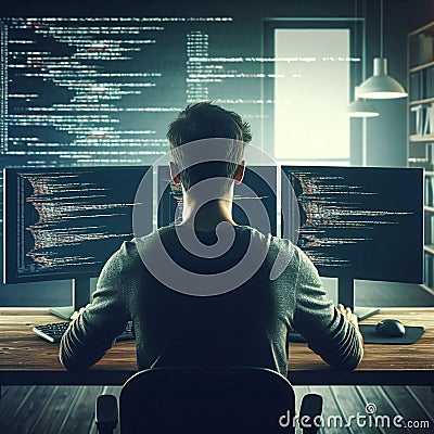 A programmer works on code displayed across multiple monitors in a sunlit office, focusing intently on software development. Stock Photo