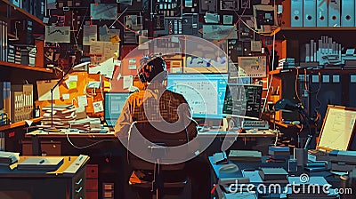 A Programmer Works Late into the Night, Immersed in Data Analysis and Code, in a Messy but Organized Workspace Fill Stock Photo
