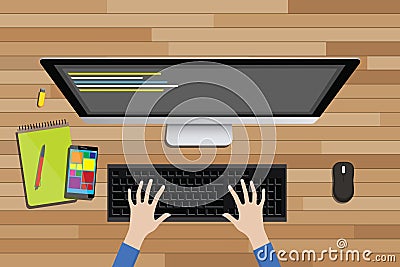 Programmer workspace view from top with desktop computer line code Vector Illustration