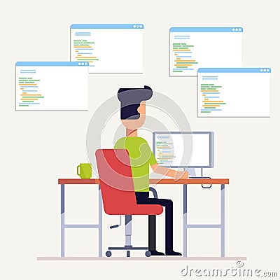 The programmer writes code on the computer. Multi-specialist. The man at the workplace. Back view. Vector, illustration Vector Illustration