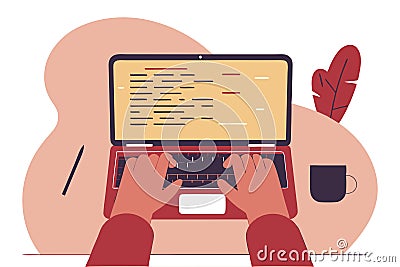 Programmer writes code on a laptop. Software development Vector Illustration