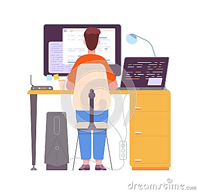 Programmer writing code. Work software developer at computer desk with monitor and laptop, program engineer workstation Vector Illustration