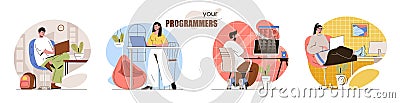 Programmers concept scenes set. Developers coding, create software or applications, testing products, work on project. Collection Vector Illustration