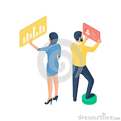 Programmers customize website performance isometric vector illustration. Female and male characters optimize online Vector Illustration
