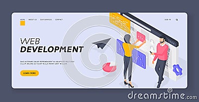 Programmers developing web software. Banner template. Isometric vector illustration Vector Illustration
