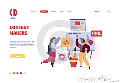 Programmers landing. Coders and web designers working freelancer persons garish vector template Vector Illustration