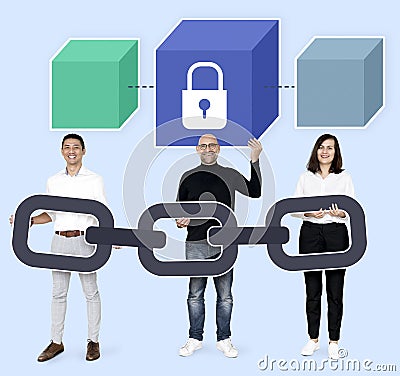Programmers with a secure blockchain Stock Photo