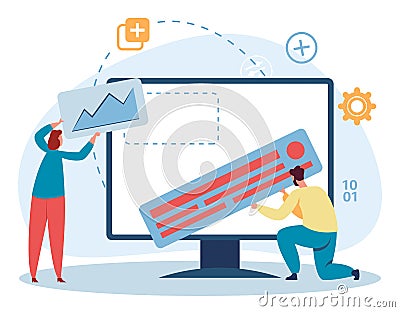 Programmers at work. People working on website development. Man and woman designing interface on desktop computer screen Vector Illustration