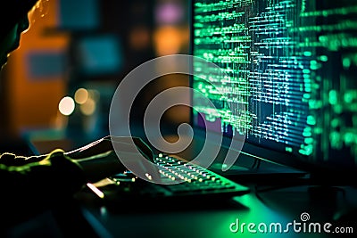 Programming background with person working with codes on computer. Generative AI Stock Photo