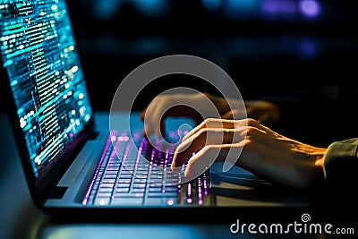 Programming background with person working with codes on computer. Generative AI Stock Photo