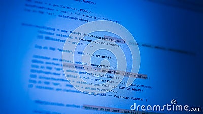 Programming code on blue monitor background. Computer language Stock Photo