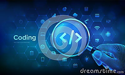 Programming code. Coding or Hacker concept with magnifier in wireframe hand and icons. Magnifying glass and programming code Vector Illustration