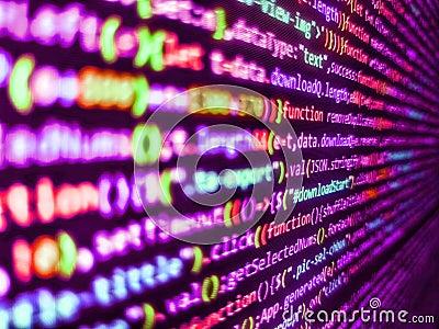 Programming code on computer screen. Template of website, selective focus. Script procedure creating. Mobile app developer. Stock Photo