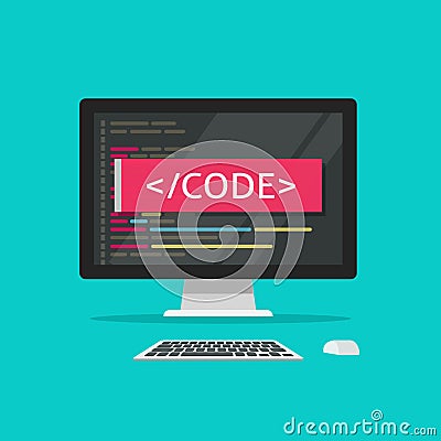 Programming code on computer vector illustration, programme coding or development process on desktop pc concept cartoon Vector Illustration