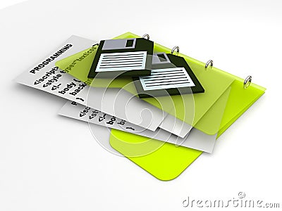 Programming code with floppy disks Stock Photo