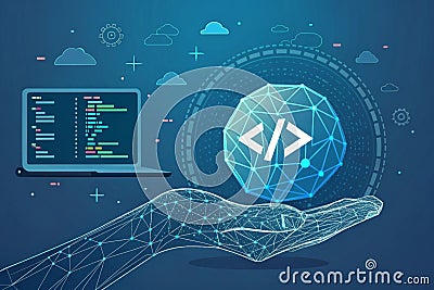 Programming code icon. 3D Low polygonal abstract programming code symbol in hand. Coding or Hacker background. Development and Stock Photo