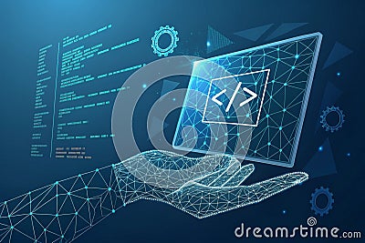 Programming code icon. 3D Low polygonal abstract programming code symbol in hand. Coding or Hacker background. Development and Stock Photo