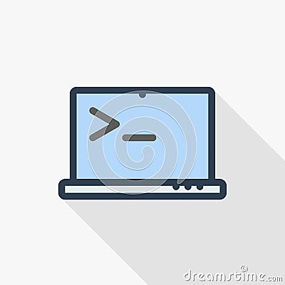 Programming code on laptop, application thin line flat color icon. Linear vector symbol. Colorful long shadow design. Vector Illustration