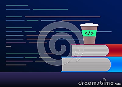 Programming code learning or coding learn flat design concept. Program source development code in background. Vector Illustration