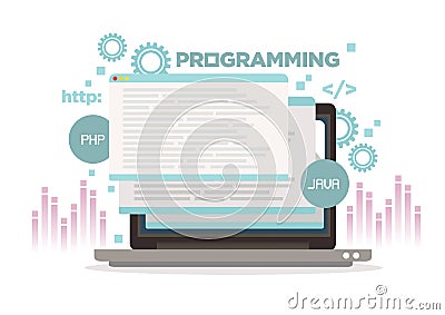 Programming and coding concept with laptop computer Vector Illustration