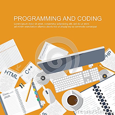 Programming and coding concept. Office desk with equipment. Application development icon for websites Vector Illustration