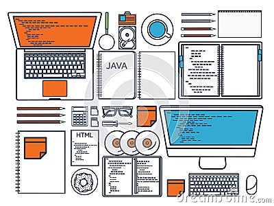 Programming,coding. Flat computing background. Code, hardware,software. Vector Illustration