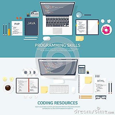 Programming and coding flat computing background. Code, hardware,software. Web development.SEO Search engine Vector Illustration