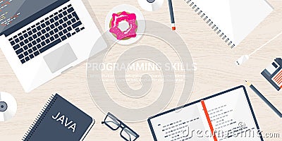 Programming and coding flat computing background. Code, hardware,software. Web development.SEO Search engine Vector Illustration