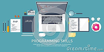 Programming and coding flat computing background. Code, hardware,software. Web development.SEO Search engine Vector Illustration