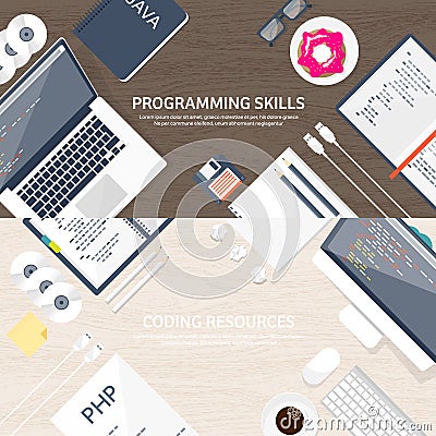 Programming and coding flat computing background. Code, hardware,software. Web development.SEO Search engine Vector Illustration