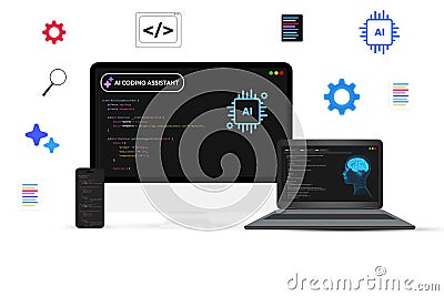Programming and Coding with the Help of Artificial Intelligence concept on different devices, software development infographics. Cartoon Illustration