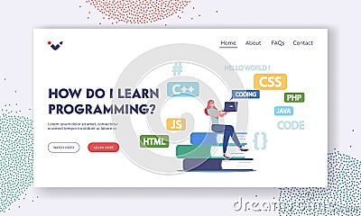Programming, Coding Landing Page Template. Programmer Tiny Female Character Sit on Huge Textbooks Pile Work on Laptop Vector Illustration