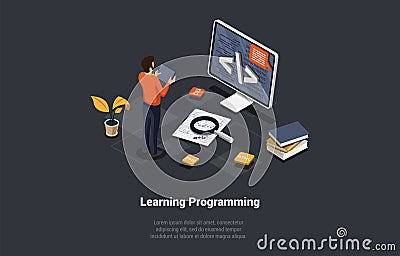 Programming And Coding Learning Concept. Software Coding, Testing, Debugging. Mobile Apps Programming. SEO, Search Vector Illustration