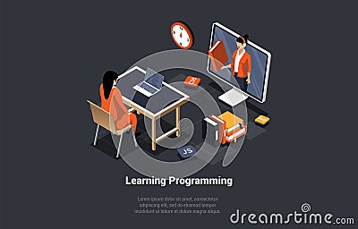 Programming And Coding Learning. Innovative Big Data Solutions, Tools And Programming And Information. Girl Student Vector Illustration