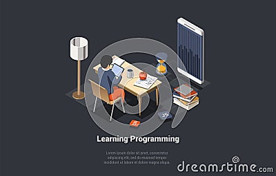 Programming And Coding Learning. Software Coding, Testing, Debugging. Mobile Apps Programming. SEO, Search Engine Vector Illustration