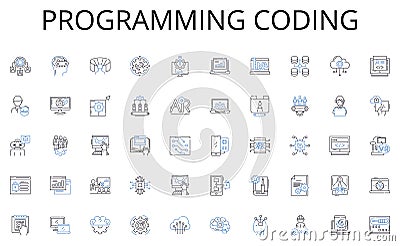 Programming coding line icons collection. Maintenance, Repair, Cleaning, Cleaning supplies, Fixing, Organization Vector Illustration