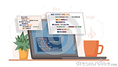 Programming and coding, table with laptop and cup Vector Illustration