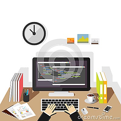 Programming on computer. Software development or coding concept. Programmer profession Vector Illustration