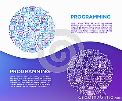 Programming concept in circle with thin line icons: developer, code, algorithm, technical support, program setup, porting, Vector Illustration