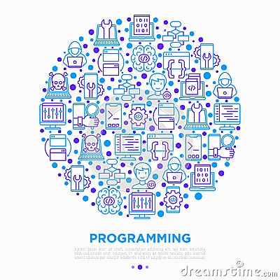 Programming concept in circle with thin line icons: developer, code, algorithm, technical support, program setup, porting, Vector Illustration