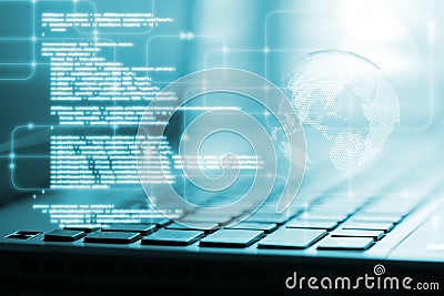 Programming concept. Computer software script binary coding snippet on data science diagram and globe sphere background. Stock Photo