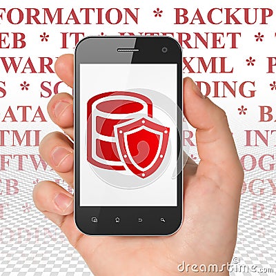 Programming concept: Hand Holding Smartphone with Database With Shield on display Stock Photo