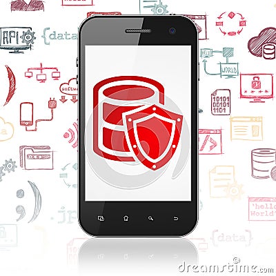 Programming concept: Smartphone with Database With Shield on display Stock Photo