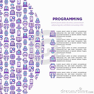 Programming concept with thin line icons: developer, code, algorithm, technical support, program setup, porting, compilation, app Vector Illustration