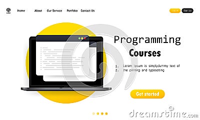 Programming courses illustration. Cyber education course concept. Studying creating program software. Learning coding on laptop. Vector Illustration