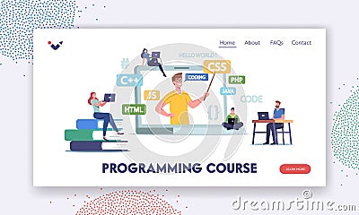 Programming Courses Landing Page Template. Tiny Students Characters at Huge Laptop with Coach Explain Programmer Classes Vector Illustration