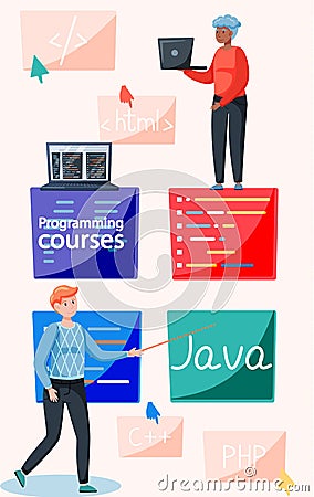 Programming courses online education, coding learning. Information technology training session Vector Illustration
